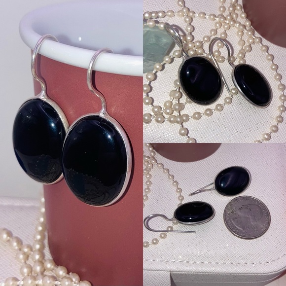 Black Onyx Gemstone Handmade Hook Drop Earrings - Picture 2 of 3